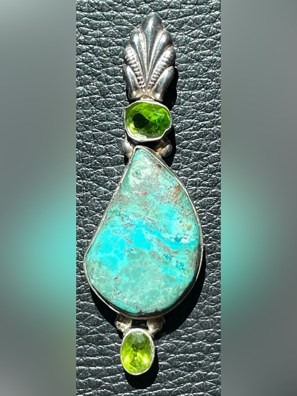 Sterling Silver Turquoise & Peridot Teardrop Pendant - Green Blue